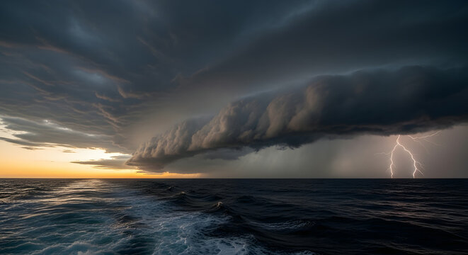 Dark storm clouds gather over ocean with lightning at sunset on water