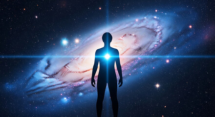 Fototapeta premium Enlightened soul human energy connecting to the vast universe and glowing cosmic galaxy