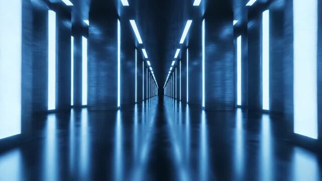 Symmetrical futuristic corridor with tall pillars and reflective polished floor illuminated by vertical blue neon lights and ceiling strips creating a deep perspective view.