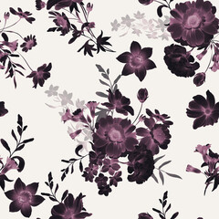 Elegant Seamless Dark Plum Floral Pattern with Botanical Watercolor Flowers on Neutral Background © Karma