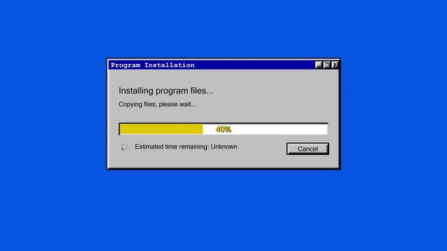 Retro program installation dialog on blue desktop. Yellow progress bar loading percent. Copying files with time remaining. Vintage software setup and computer concept.