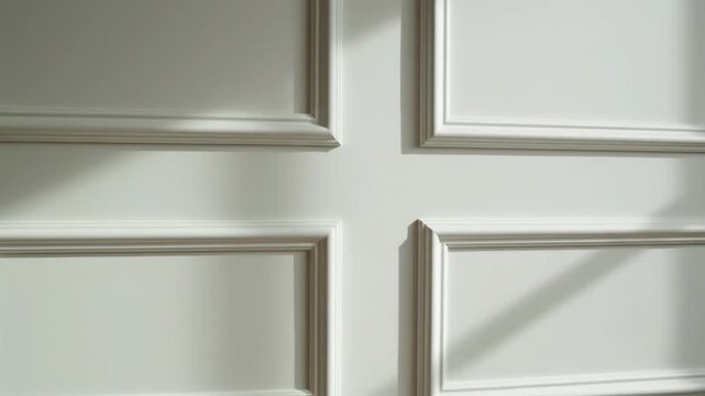Close-up view of white wall featuring decorative rectangular molding panels in a classic architectural style. Soft natural sunlight creates subtle shadows and highlights on the surface.