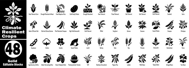 Naklejka premium Climate resilient crops icons solid editable stocks agricultural plants.