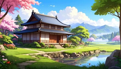 Fototapeta premium Serene Japanese Traditional House Amidst Cherry Blossoms and Lush Greenery.