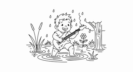 Fototapeta premium Joyful child plays guitar in rainy puddle, surrounded by nature's elements