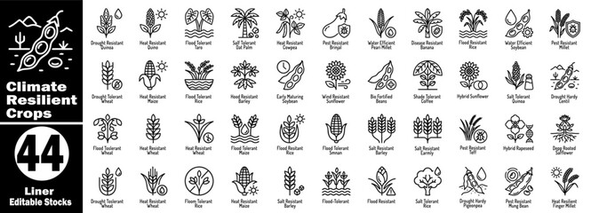 Fototapeta premium Climate Smart Agriculture icons set. Climate resilient crops icons liner editable stocks, agricultural plants.