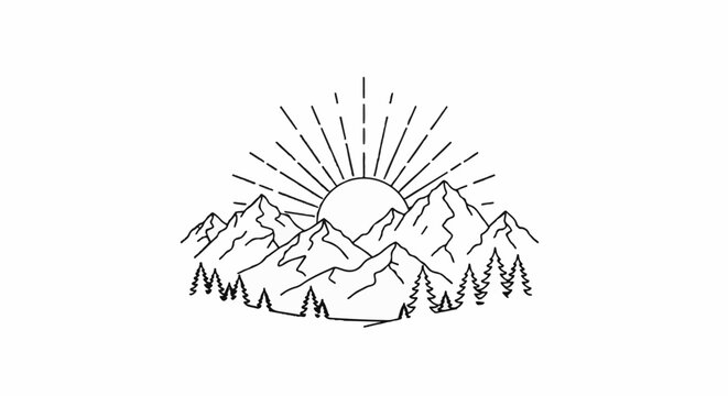 A stylized black and white drawing of sun rays emerging from behind a mountain range with trees