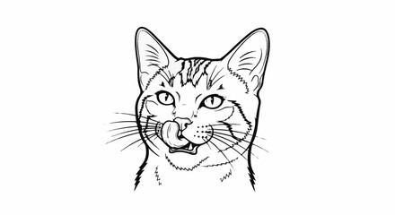 Fototapeta premium Black and white line drawing of a cat licking its nose