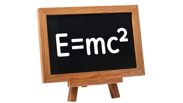 Wooden easel displaying black chalkboard with equation E equals mc squared