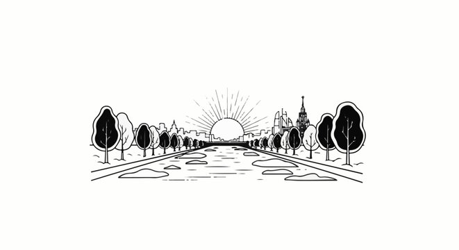 Stylized sunburst over a tree-lined avenue leading to a city skyline