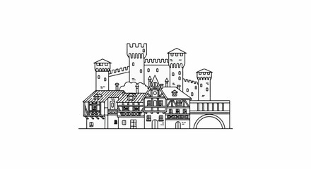 Naklejka premium A line art illustration of a medieval village with a castle and bridge