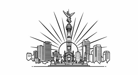 Naklejka premium Monumental angel atop column, framed by city skyline under radiant sunburst