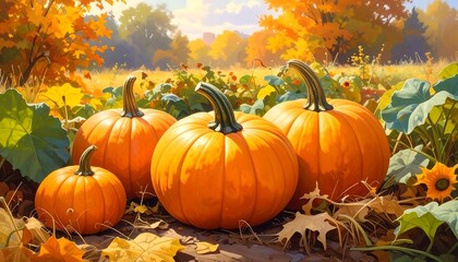 Naklejka premium A vibrant autumn scene featuring a group of pumpkins in a lush field