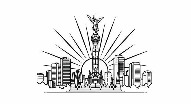 Monumental angel atop column, framed by city skyline under radiant sunburst