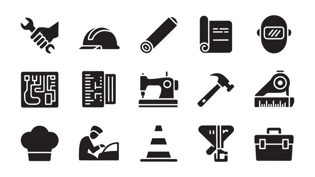 A collection of black silhouette icons representing various skilled trades and industrial tools