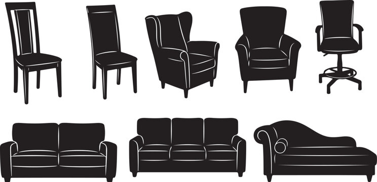 Furniture icons including sofas and chairs in black color