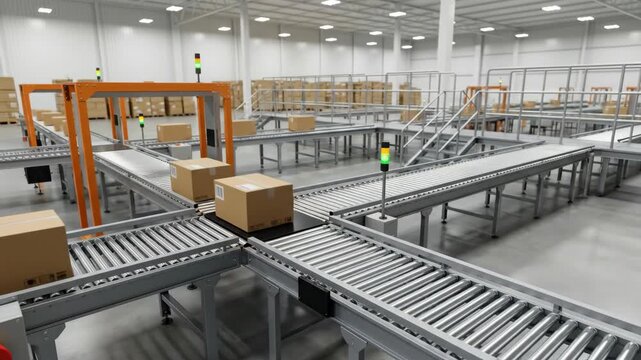 Robot warehouse ecommerce automated efficiency logistics innovation technology future speed conveyor drive system moving cardboard box through modern fulfillment center sorting automation