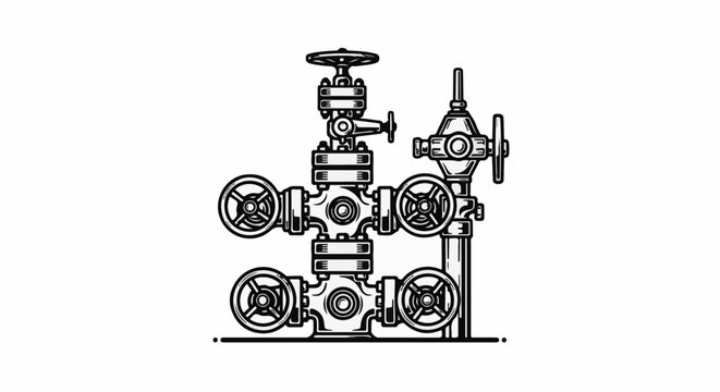 Stylized line drawing of a complex wellhead assembly with multiple valves