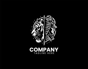 Fototapeta premium Tiger and samurai split face black vector logo illustration isolated on white background