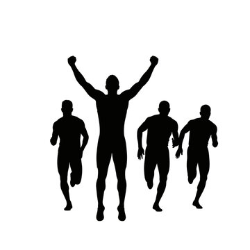 Silhouette of runner celebrating victory at finish line with competitors behind