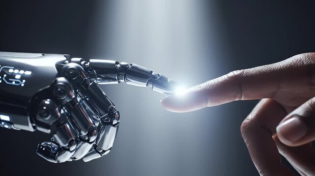 A close-up image depicts a human finger gently touching a robotic hand, symbolizing the intersection of humanity and artificial intelligence.