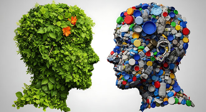 Eco-friendly vs Pollution Two human heads symbolizing nature versus waste