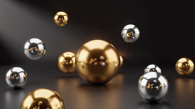 A striking studio shot showcases a collection of polished gold and silver spheres arranged on a dark reflective surface, creating a visually compelling contrast of textures and colors.