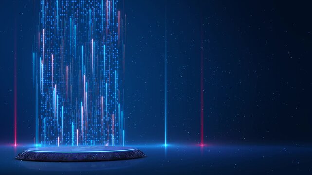 Futuristic Holographic Data Projection Podium platform digital light beams pixel particles hologram transmission technology. sci-fi scenes, virtual showcases, tech advertising, innovation backgrounds.