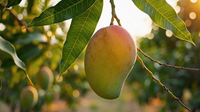 A ripe mango hanging from a tree branch is illuminated by warm golden sunlight, with surrounding green leaves softly swaying.