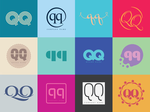 QQ logo company template. Letter q and q logotype. Set different classic serif lettering and modern bold text with design elements. Initial font typography.