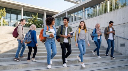 Fototapeta premium Happy group of diverse college students walking down university steps with backpacks and books. Young learners chatting and laughing while moving between classes on a modern campus stairway