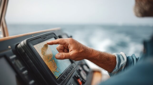 Sailor navigates marine GPS on boat dashboard for route planning in open ocean
