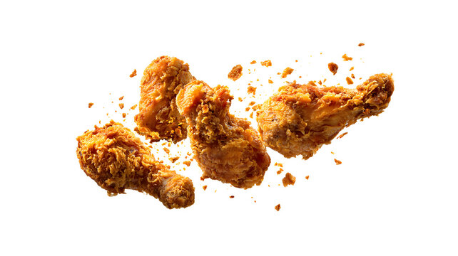 Crispy fried chicken drumsticks and wings flying fast motion