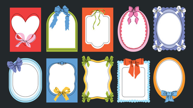 Cute colorful lace wavy frames decorated with bows and ribbons. Vintage set of vector hand drawn oval, square and rectangle borders. Fancy designs, сute line decoration backgrounds, simple card decor.
