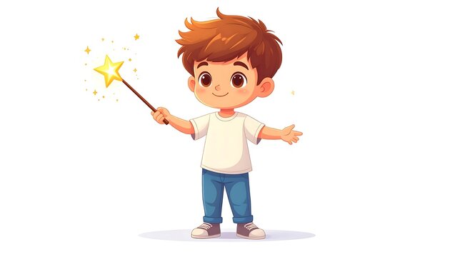 Young boy with a magic wand creating sparkling stars.