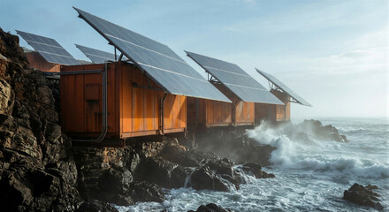Fototapeta premium Solar architecture modular units sit on rocky cliffs with solar roofs for renewable energy overlooking misty ocean waves