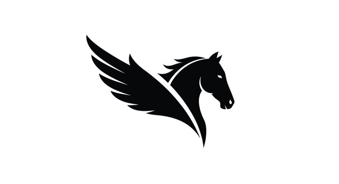 Powerful black silhouette of a winged pegasus horse head in profile view isolated on a white background for mythological or branding logo design.