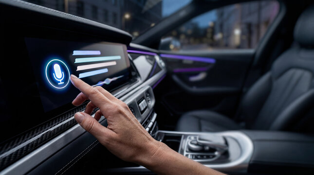 Hand activating voice assistant on luxury car dashboard. Modern digital infotainment system in vehicle interior at night with city lights and ambient glow