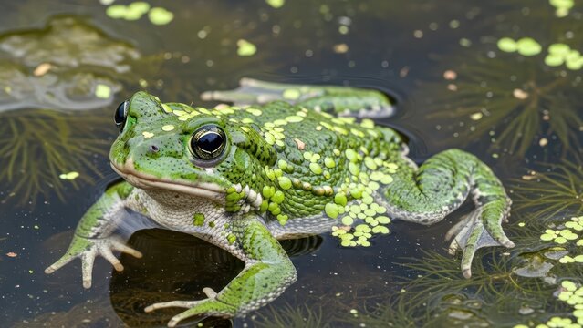 Detailed close-up of a green European frog resting in a serene pond ambiance