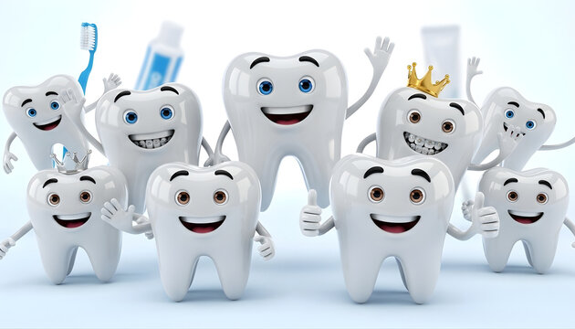 Happy cartoon teeth characters smiling and waving with various accessories like crowns and braces representing dental health.