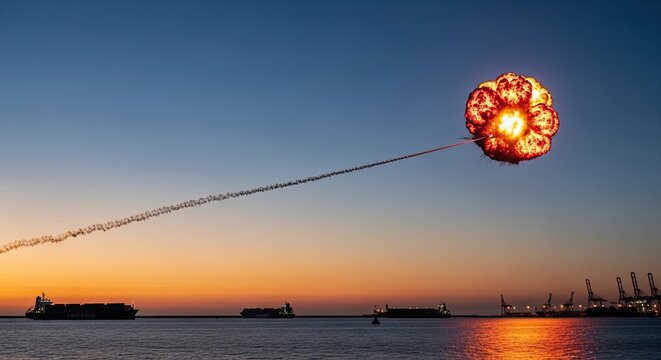 Vibrant orange parasail over water sunset.