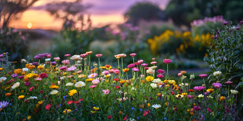 Fototapeta premium Blossom Garden Serenity A vibrant tapestry of wildflowers blooms in a tranquil garden, bathed in the soft hues of a serene sunset. Capturing the essence of peace and natural beauty. 