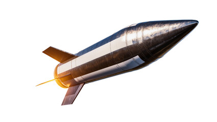 Fototapeta premium Silver Metallic Rocket Launching with Bright Orange Flame and Fins