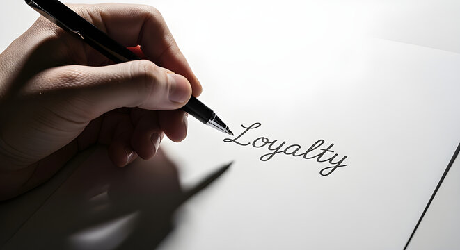 A hand writing the word Loyalty on a paper with a pen, embodying a sense of commitment and trustworthiness