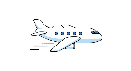 Naklejka premium Simple cartoon illustration of a white passenger airplane flying through the air with speed lines against a white background.