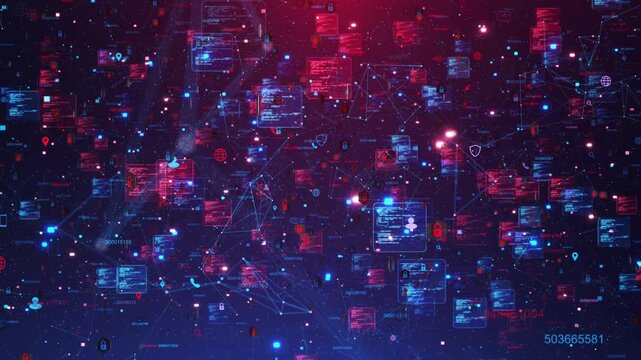 Cybersecurity Data Network Background, Digital filled data panels lock icons connection lines online security system. cybersecurity visuals, hacking prevention themes, AI networks, data protection