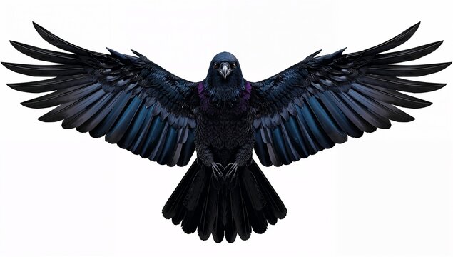 Raven with Fully Spread Wings in Blue and Purple Tones, Majestic Bird Hyperrealistic 8K Isolated on White Background