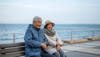 Fototapeta premium 海辺のベンチで散歩の途中に休む日本人の高齢夫婦