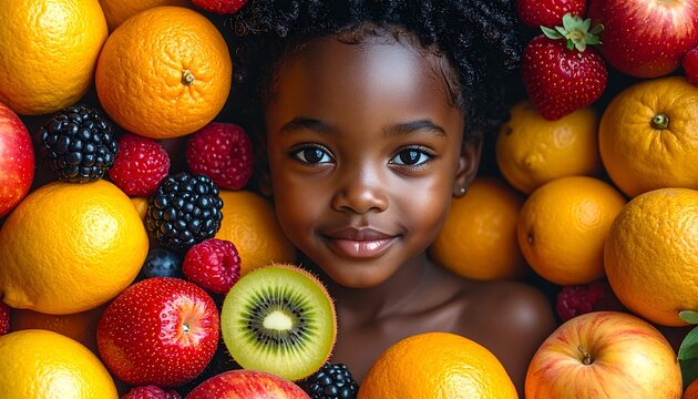 Portrait of a smiling child framed by an array of fresh colorful fruit. The child has dark skin and eyes