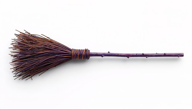 Witch Broomstick with Detailed Twigs and Dark Vibrant Colors, Hyperrealistic 8K Isolated on White Background